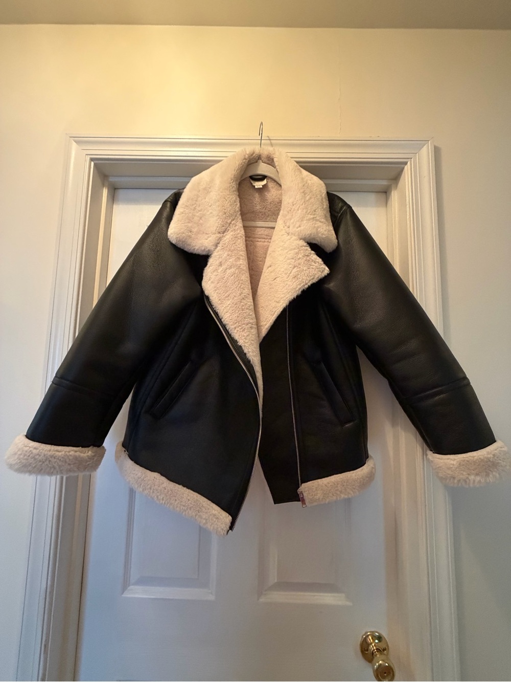 Joie Black Aviator Leather Jacket with Cream Shearling Trim